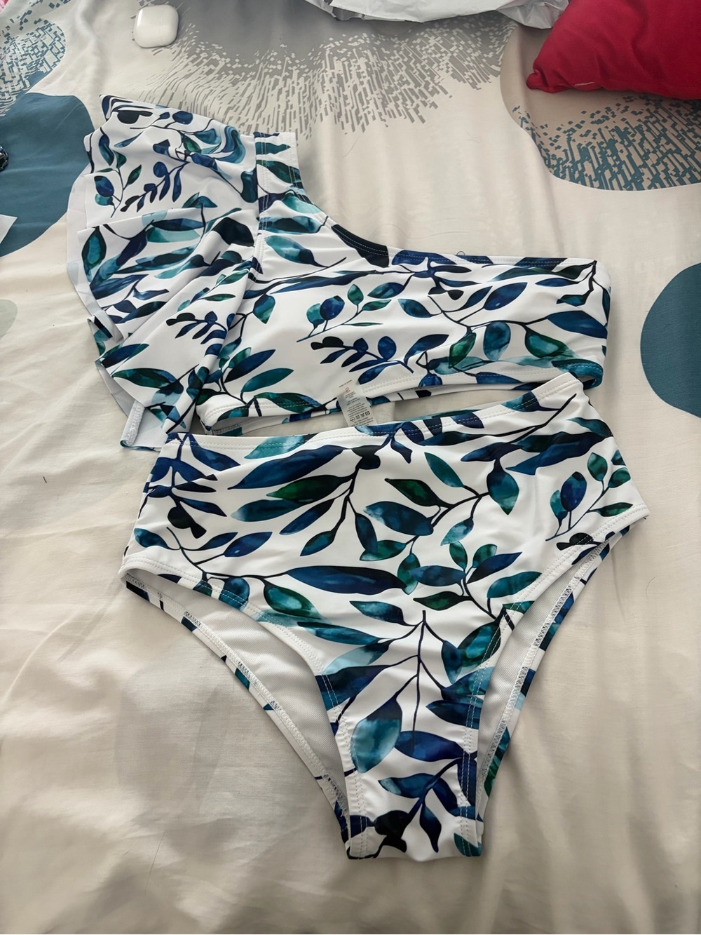 One-Shoulder Leaf-Print Bikini Set in Blue-Green
